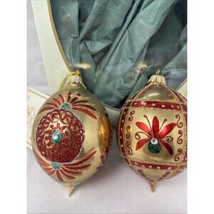 Krebs Glas Lauscha German Glass Ornaments Red Gold Victorian Old World Set 2
